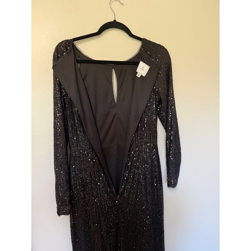 Black Sequin Long Sleeve Maxi Dress Shoulder Cut Out Side Slit Formal Gown - Picture 13 of 16
